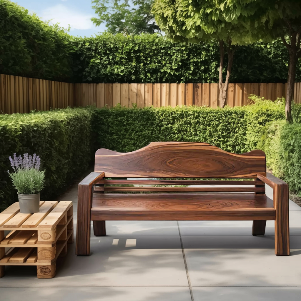 Rustic Outdoor Wooden Bench With Curved Backrest For Garden Or Porch