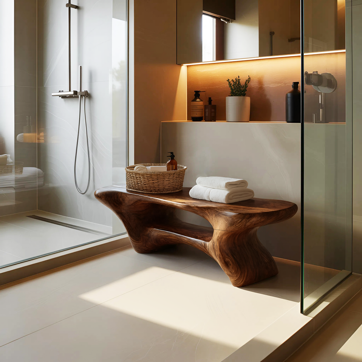 Modern Organic Bathroom Seat With Center Shelf For Bathroom