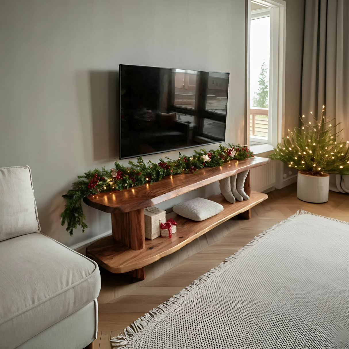 Handcrafted Live Edge Wooden TV Console For Holiday Bedroom Decor