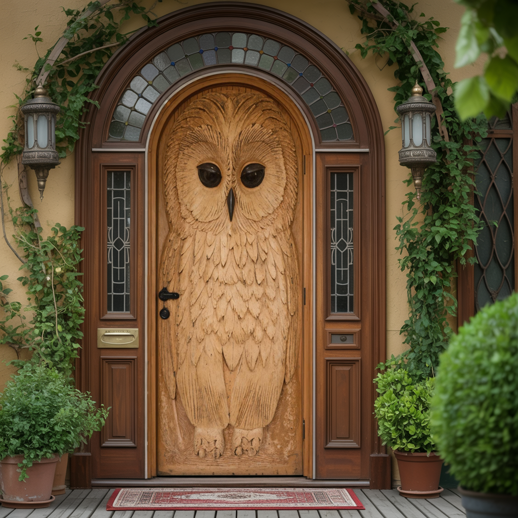 Whimsical Owl Carved Entry Door For Home Garden