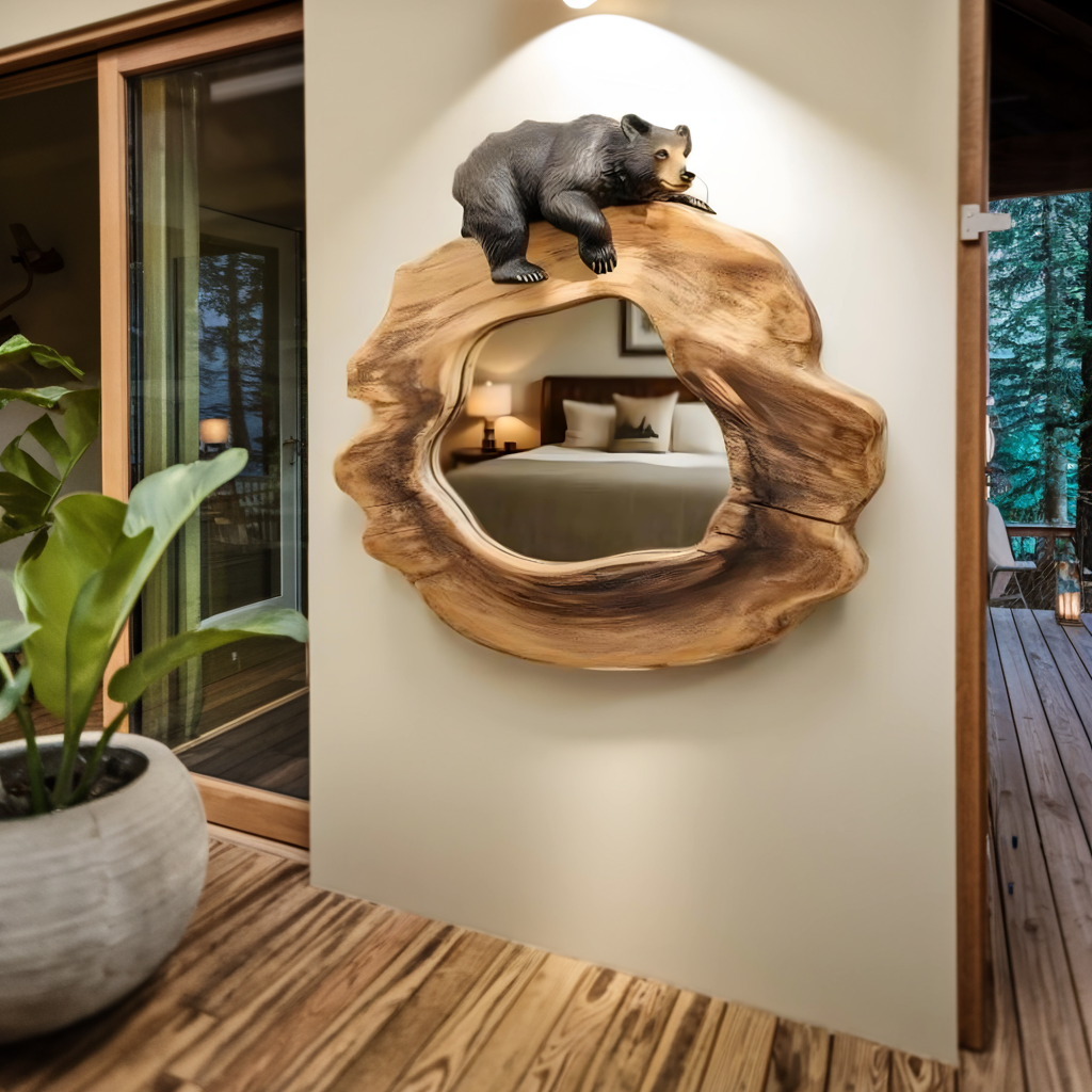 Rustic Bear Wall Mirror for Cabin Decor In Entryway