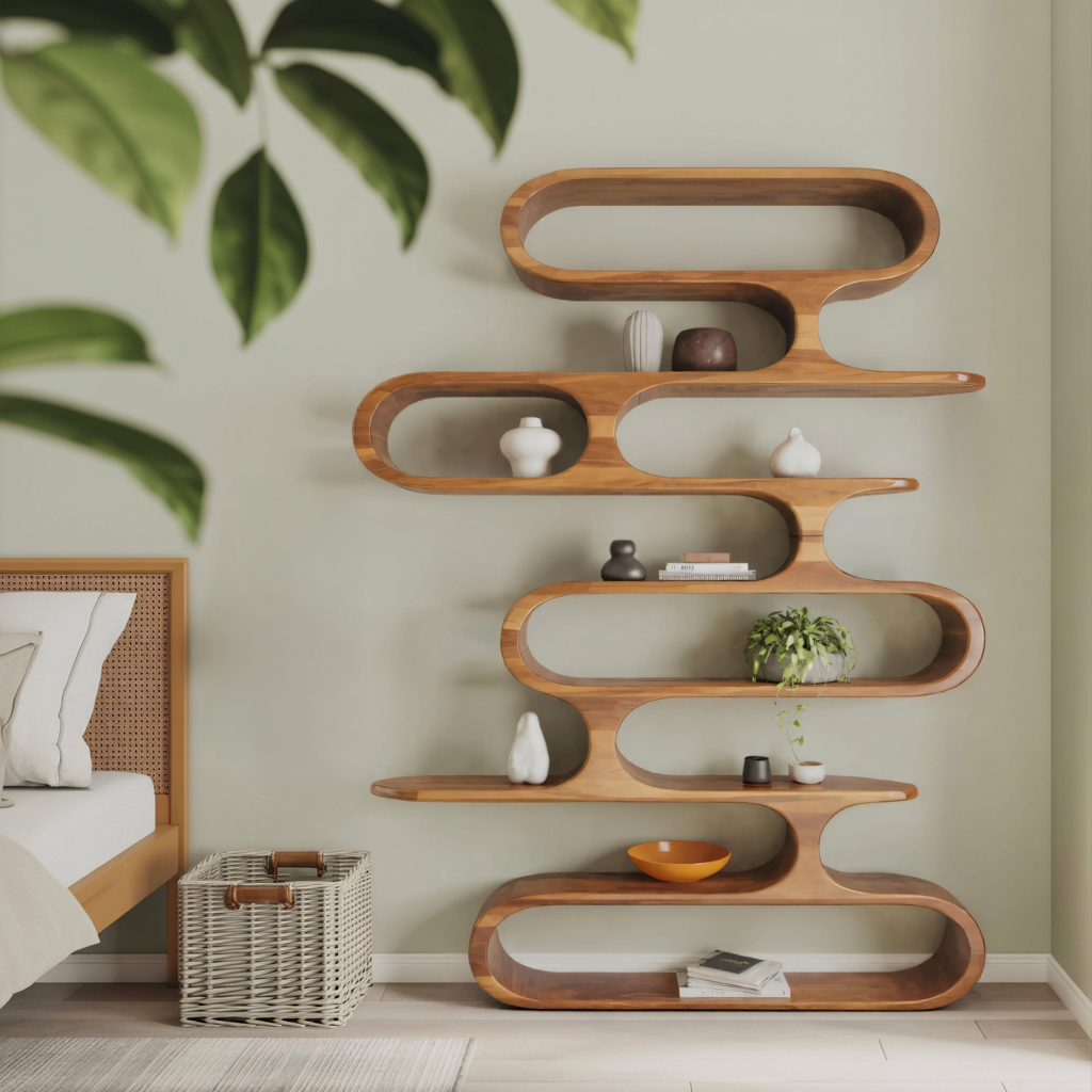 Mid Century Modern Wall Shelf With Flowing Shape For Living Room And Office