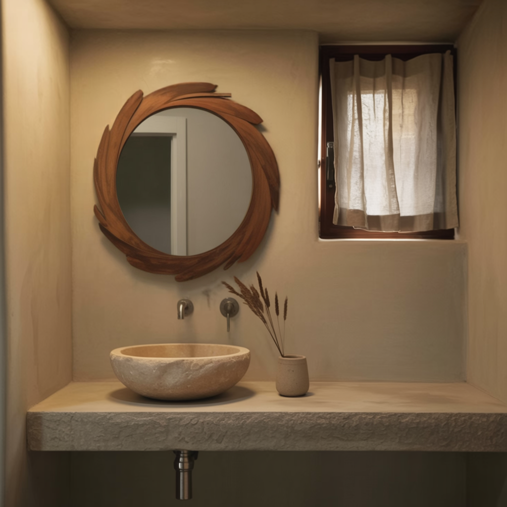 Artistic Round Wall Mirror With Carved Frame For Bathroom And Entryway