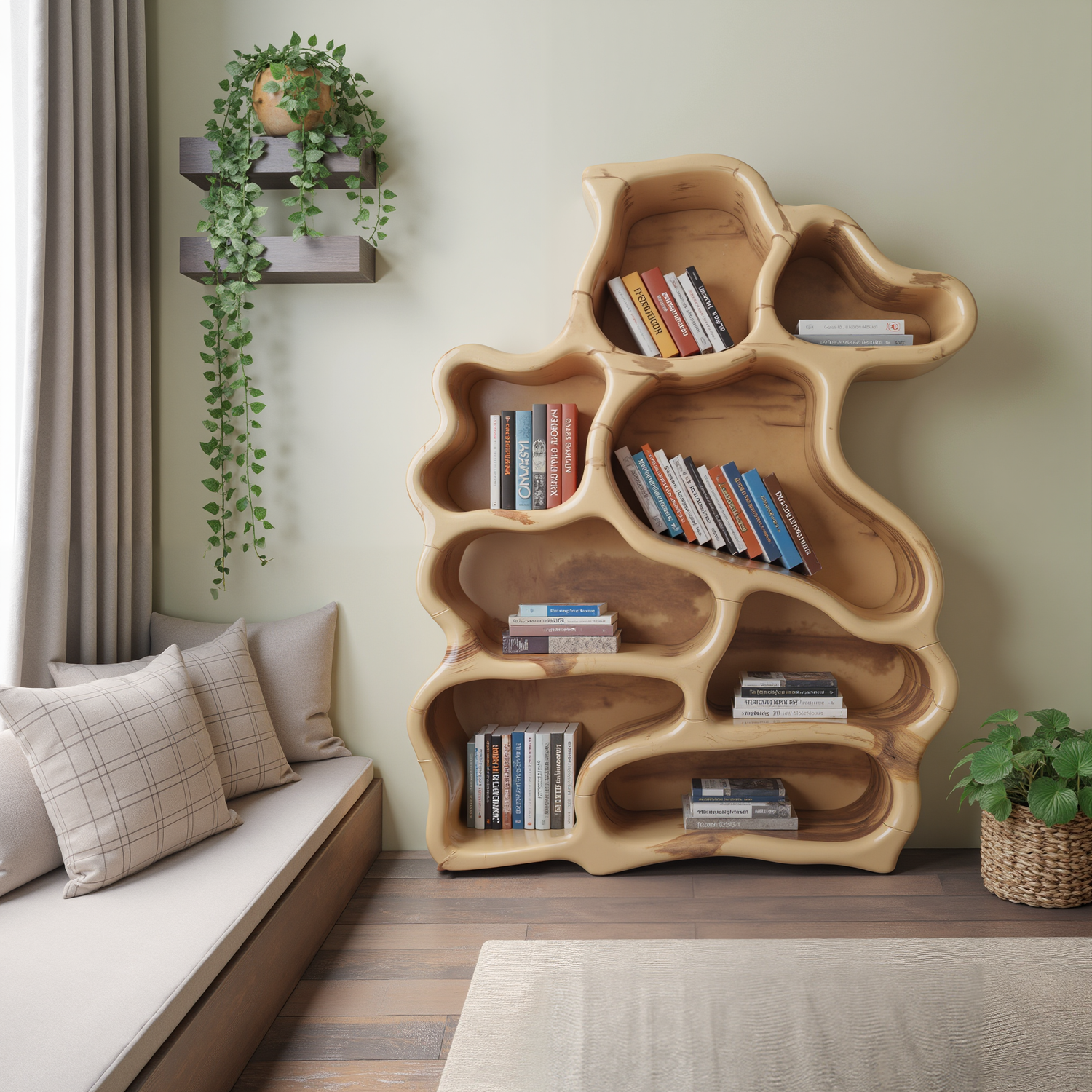 Organic Modern Bookshelf With Carved Design For Living Room And Home Library