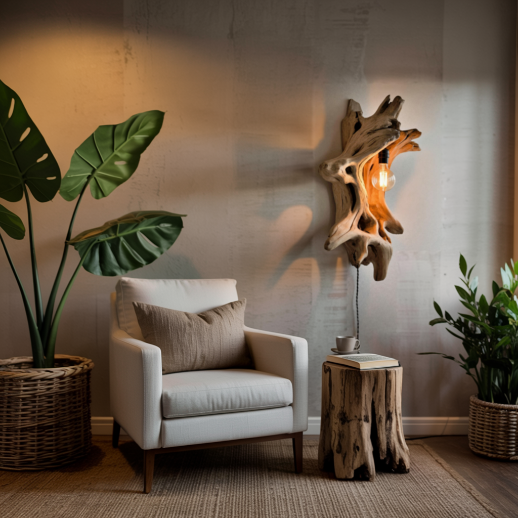 Driftwood Wall Lamp With Carved Form For Rustic Modern Living Room