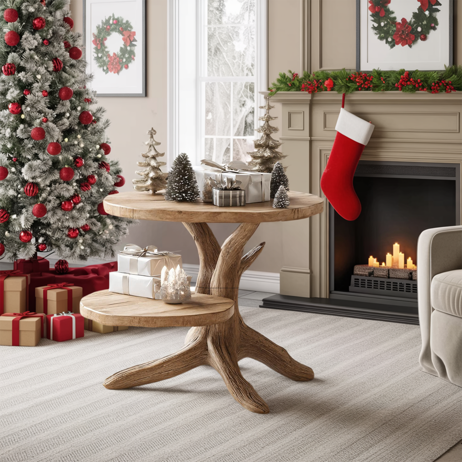 Handcrafted Wooden End Table For Living Room Christmas Accent Piece