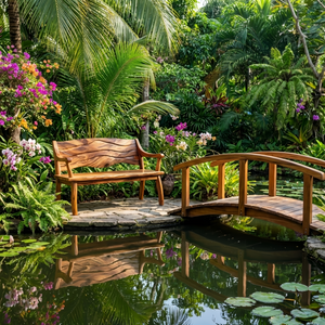 Outdoor Wood Bench With Wave Carved Backrest For Exterior