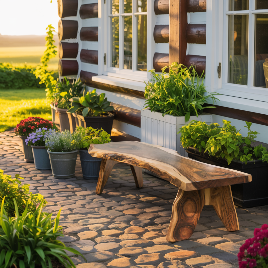 Rustic Live Edge Wooden Bench For Patio Or Garden