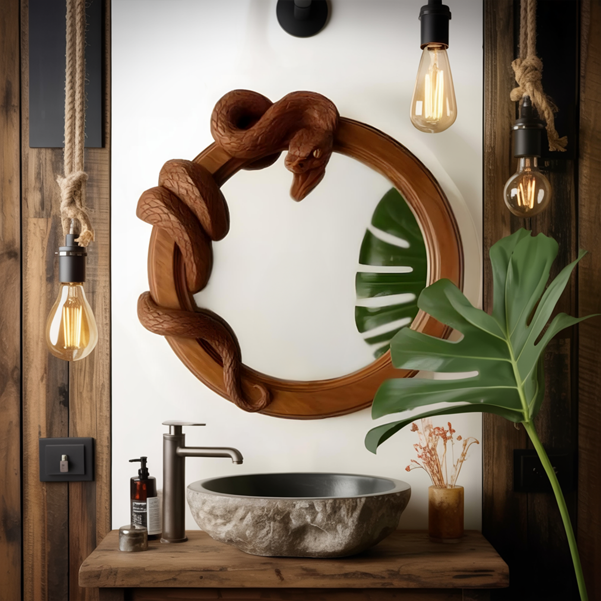 Wild Serpent Carved Mirror For Jungle Themed Bathroom