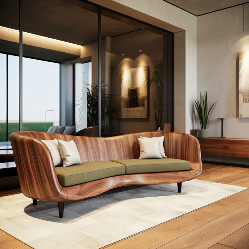 Curved Wooden Sofa With Cushions For Modern Organic Living Room