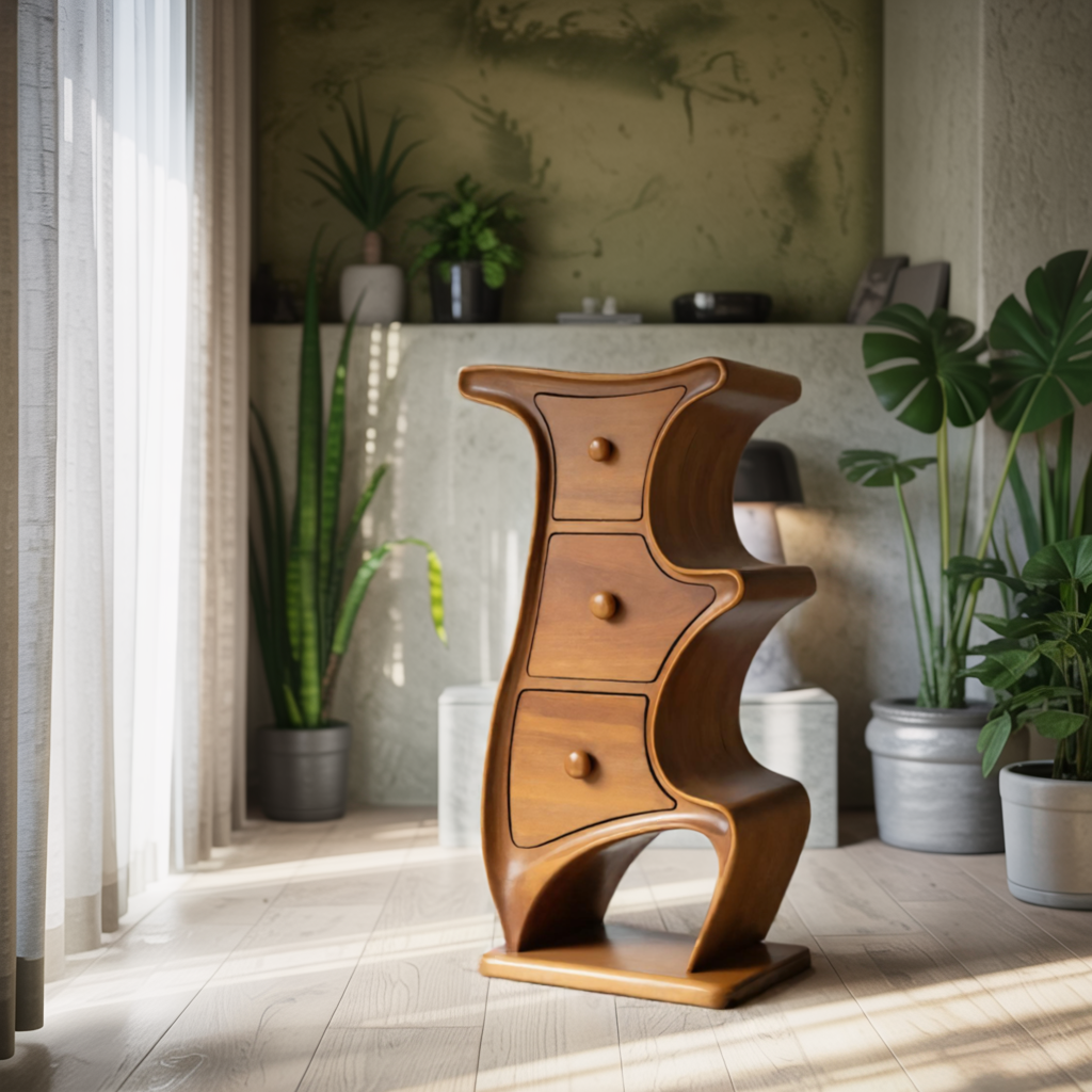 Modern Sculptural Wood Cabinet 3 Drawer Chest For Bedroom Or Living Room