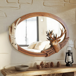 Rustic Oval Deer Mirror For Lodge Cabin Decor