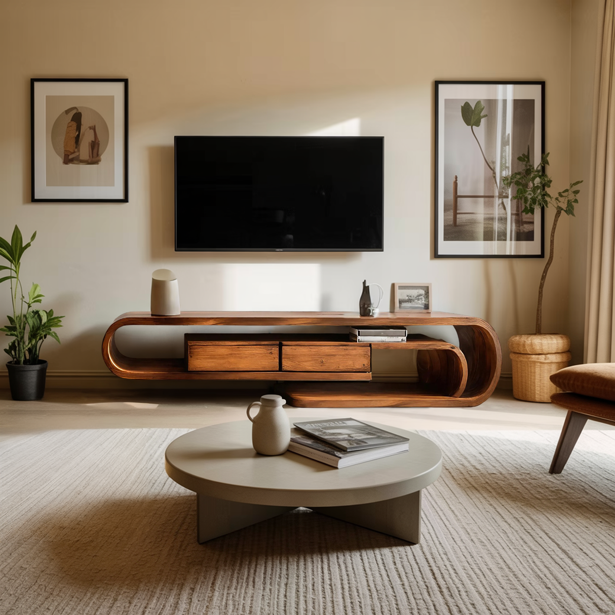 Contemporary Curved TV Shelf For Minimalist Living Room Furniture