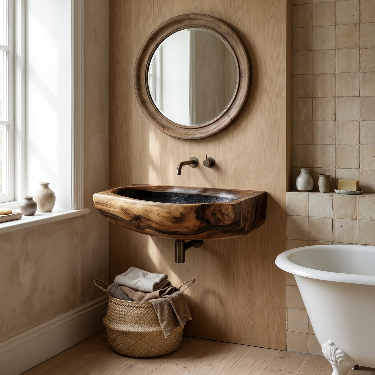 Modern Wall Mounted Wooden Bathroom Sink For Elegant Bathroom Interior