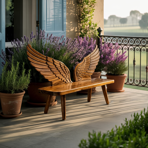 Modern Wood Bench With Wing Backrest For Exterior Seating