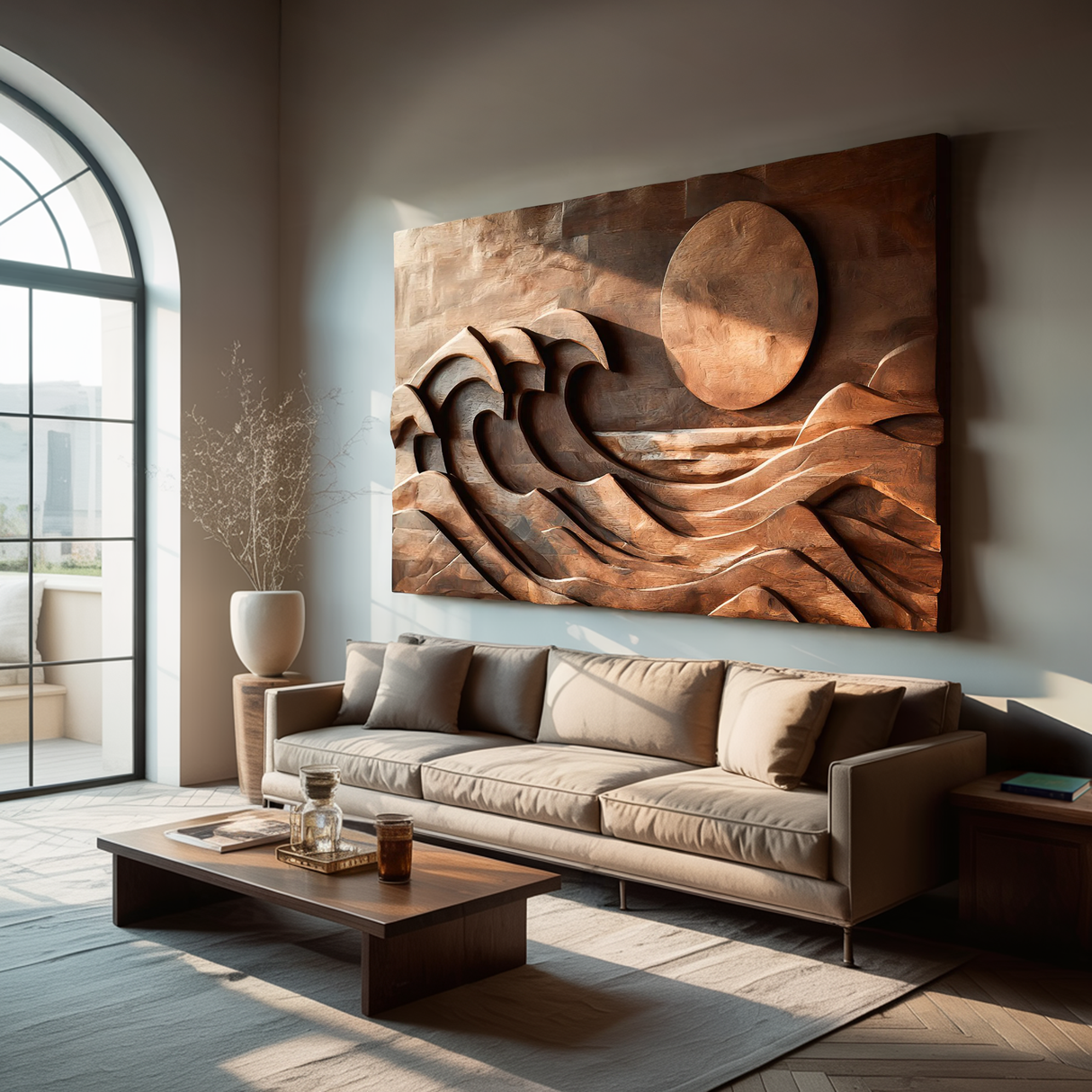 Modern Carved Wall Art Waves And Sun For Home Decor