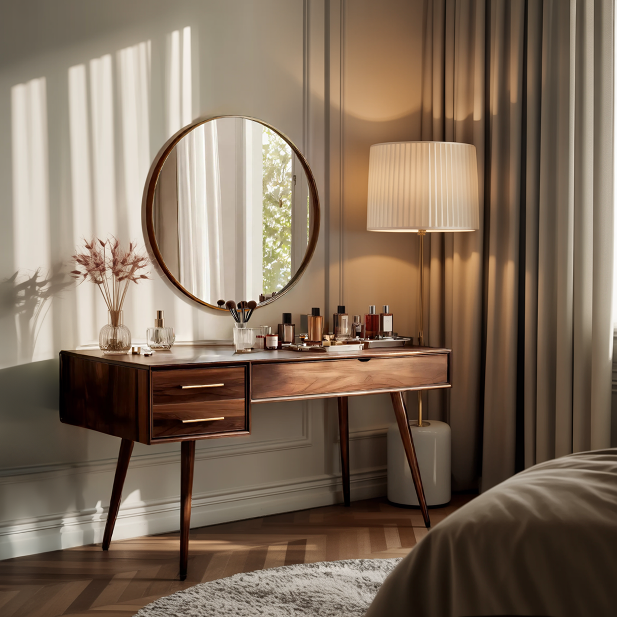 Mid Century Modern Vanity Desk With Drawers For Bedroom