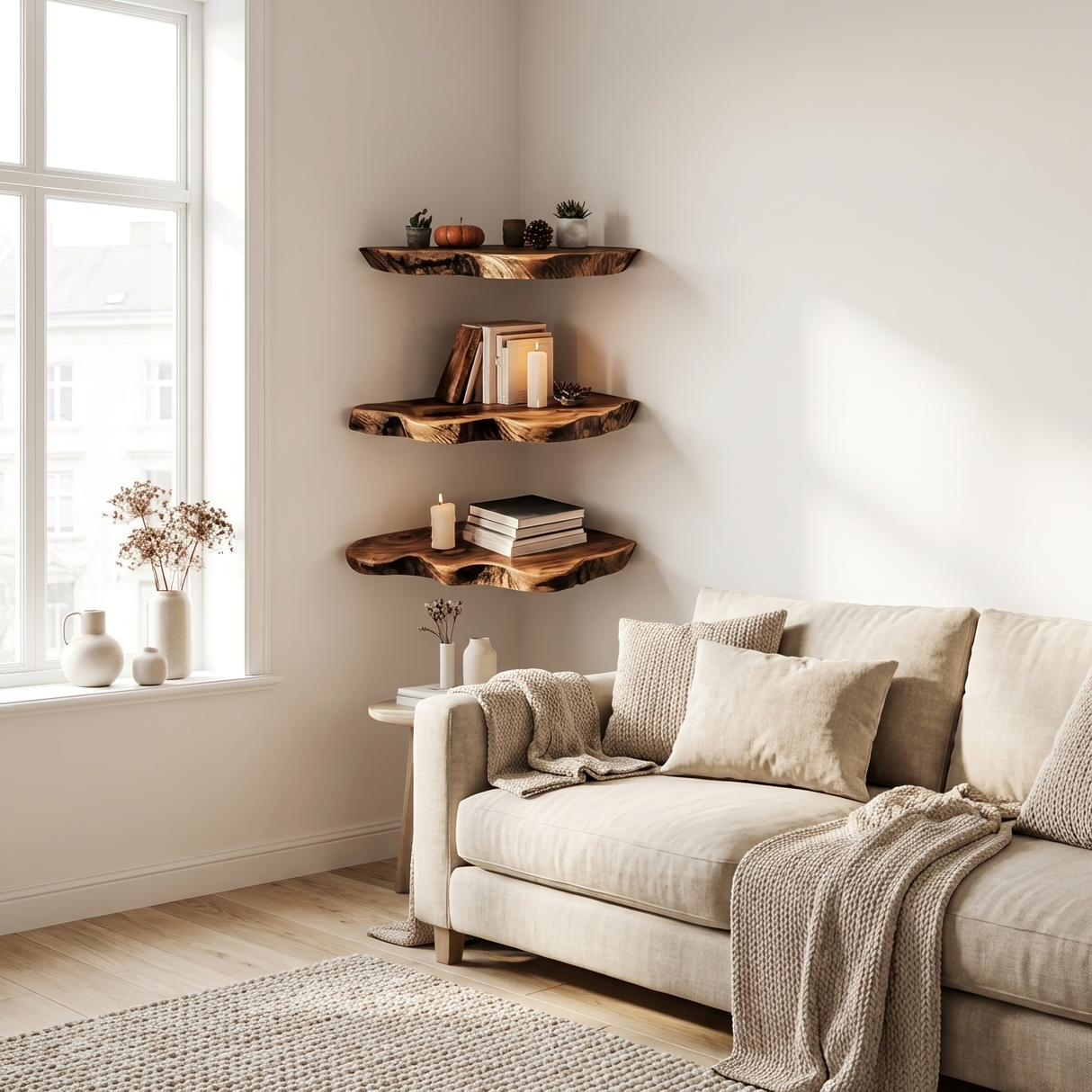 Handcrafted Wooden Live Edge Corner Shelf For Furniture Decor