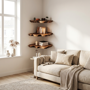 Handcrafted Wooden Live Edge Corner Shelf For Furniture Decor