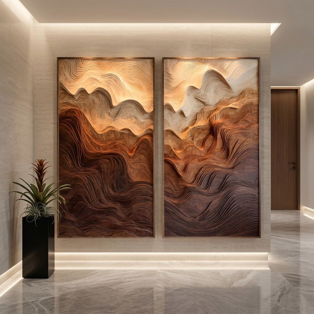 Modern Wood Wall Art Mountain Carved Design For Interior Decor