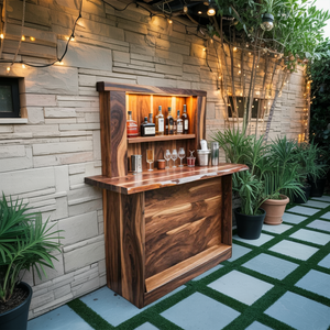 Live Edge Wall Mounted Outdoor Bar With Shelf And Lights For Patio Or Garden