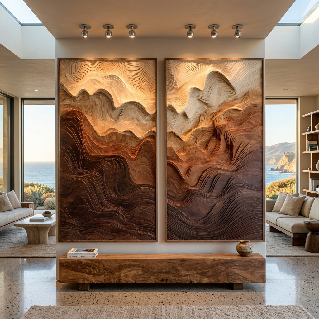 Modern Wood Wall Art Mountain Carved Design For Interior Decor