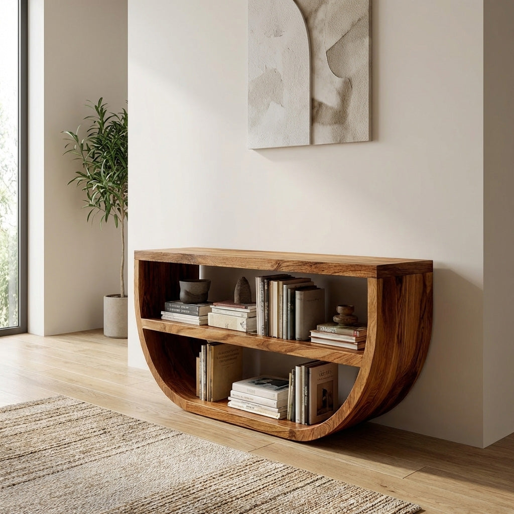 Organic Wooden Console Table With Storage For Living Room