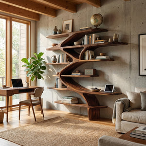 Contemporary Sculptural Natural Wood Wall Shelf For Modern Home