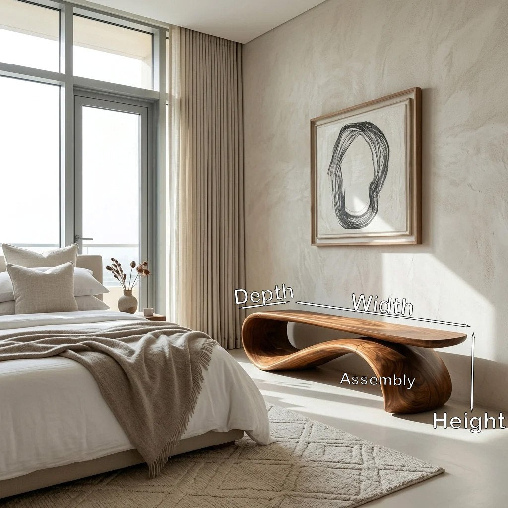 Modern Sculptural Wood Bench For Hallway Accent Decor
