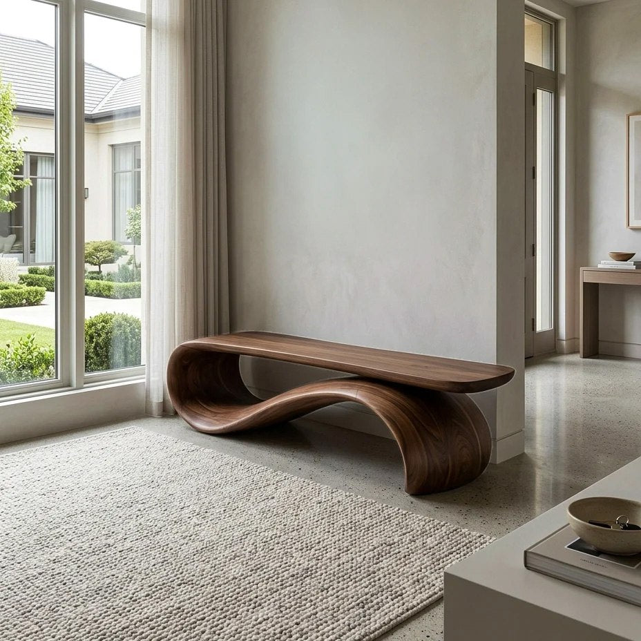 Modern Sculptural Wood Bench For Hallway Accent Decor
