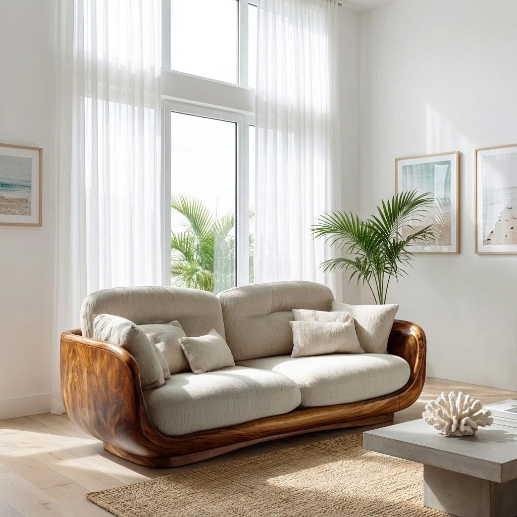Organic Wooden Sofa With Rounded Edges For Living Room