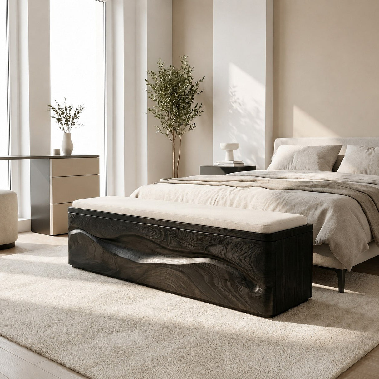 Modern Natural Wood Storage Bench For End Of Bed