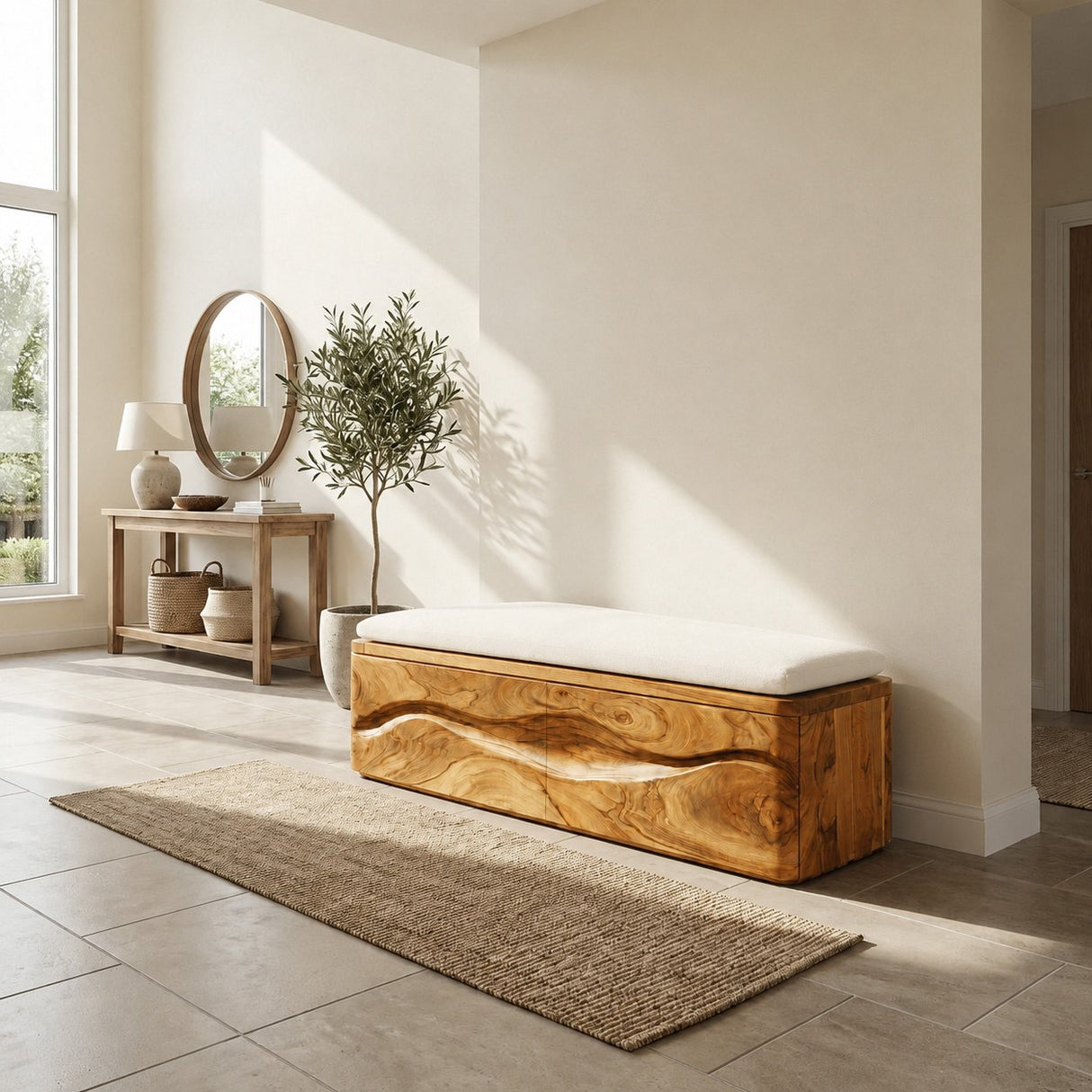Modern Natural Wood Storage Bench For End Of Bed