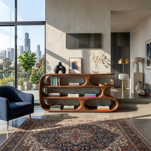 Modern Bookshelf With Sculptural Curves For Living Room Interior