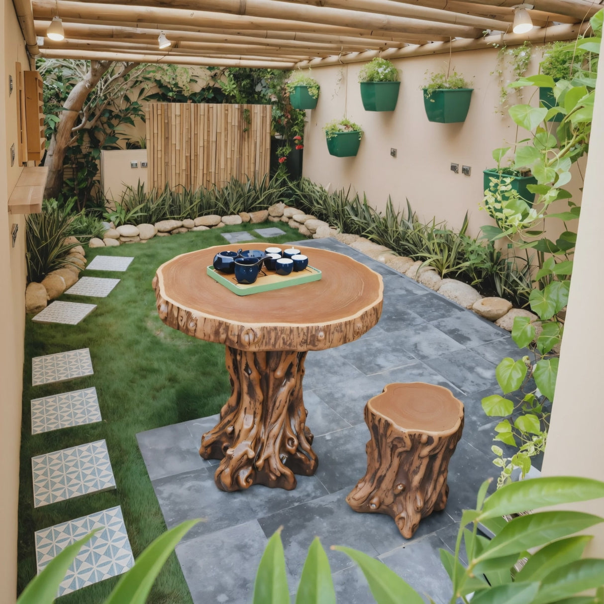 Rustic Tree Trunk Outdoor Table And Stump Seat For Garden And Patio