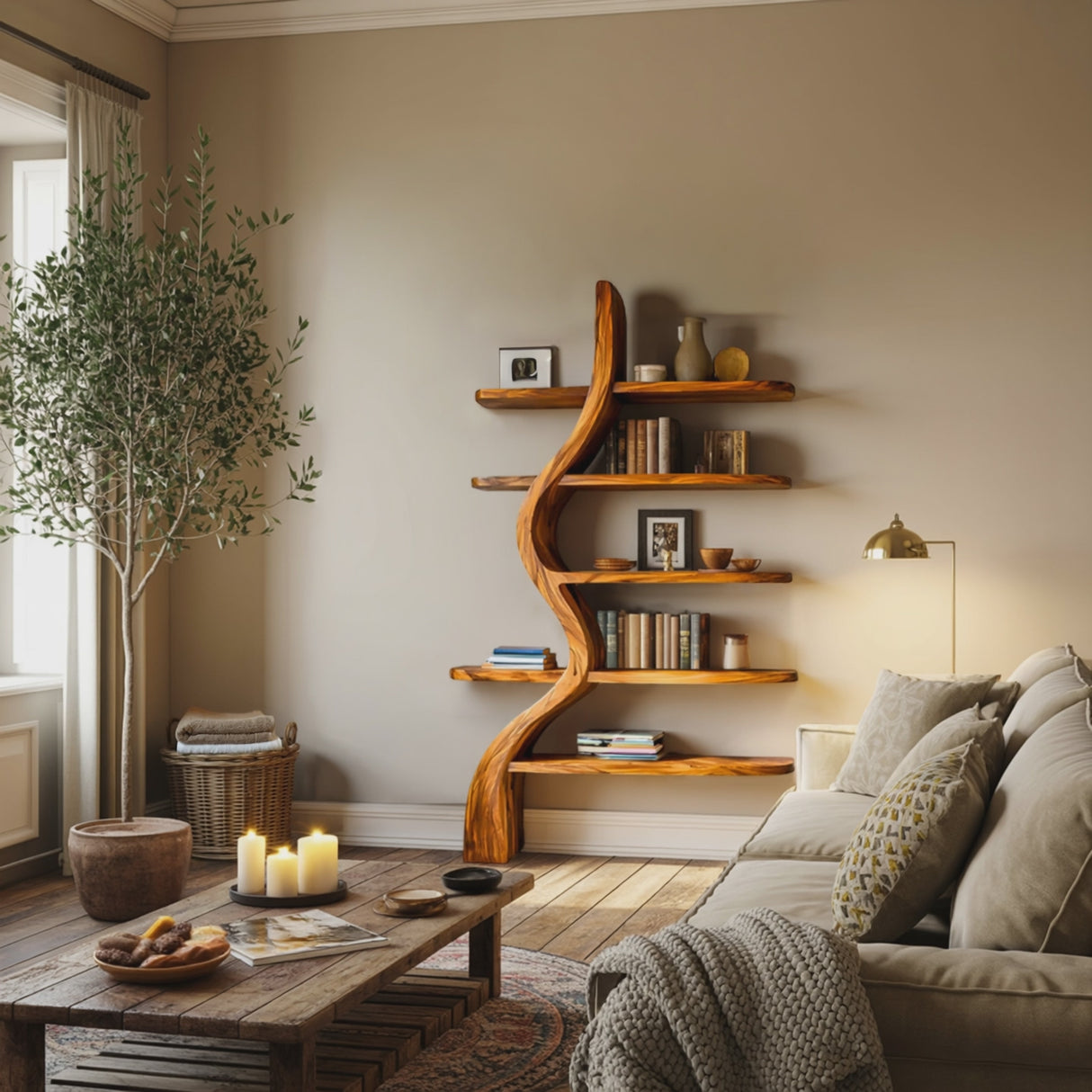 Artistic Wooden Bookshelf For Japandi Modern Interior