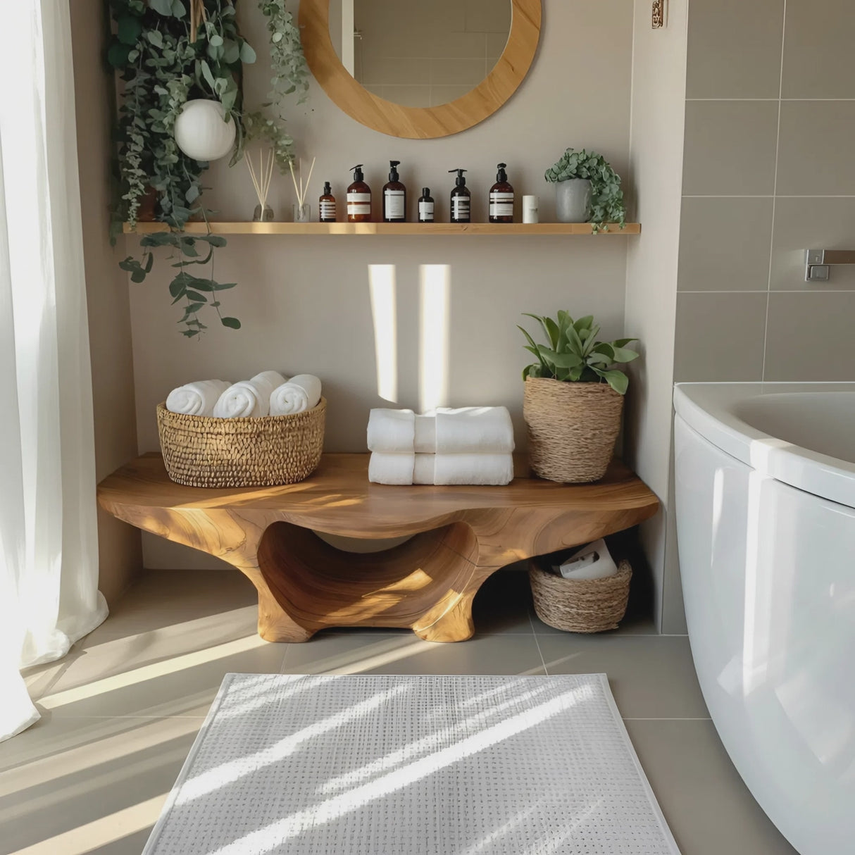 Organic Shower Bench With Curves And Storage Space For Bathroom
