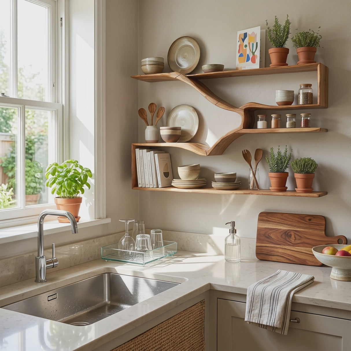 Rustic Natural Wood Kitchen Wall Shelf For Pantry Storage