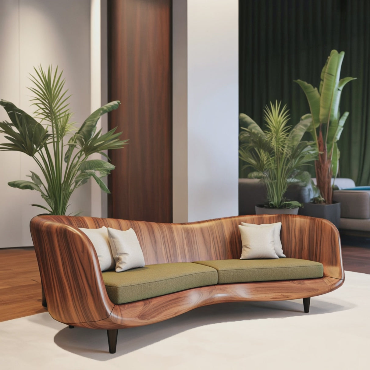 Curved Wooden Sofa With Cushions For Modern Organic Living Room