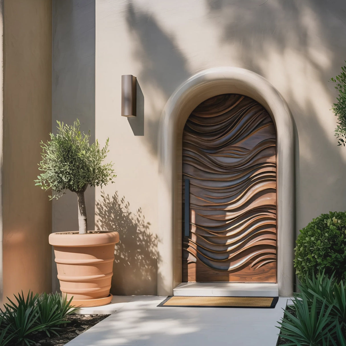 Artistic Arched Front Door With Wavy Sculpted Design For Villa