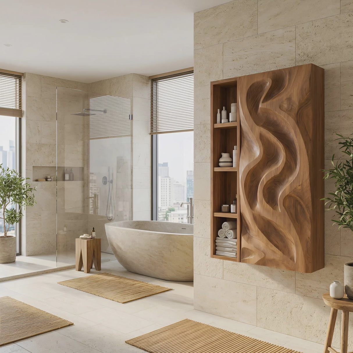 Hand-Carved Bathroom Cabinet Wave Door Design For Bathroom