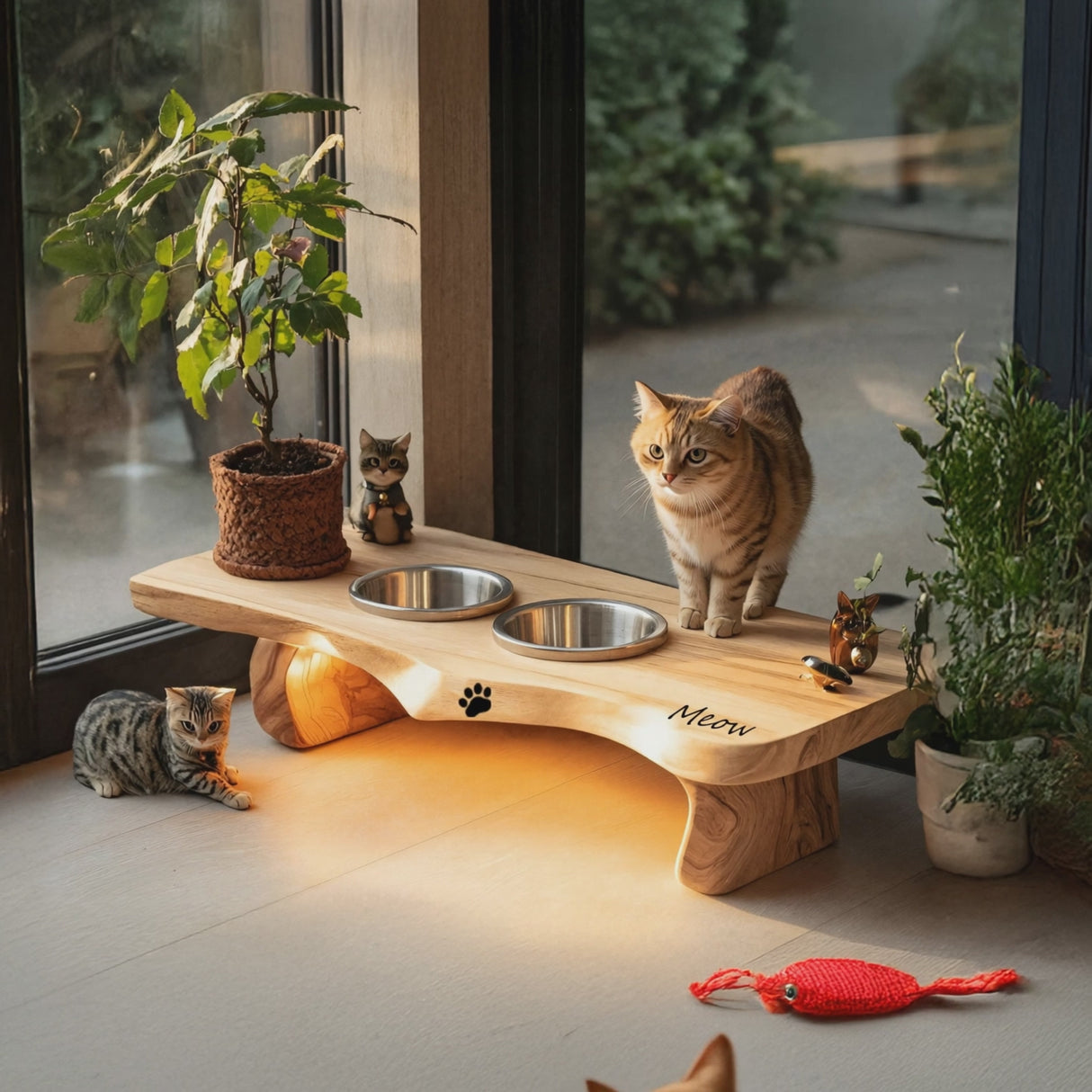 Wooden Dog Bowl Holder Rustic Style For Kitchen Decor