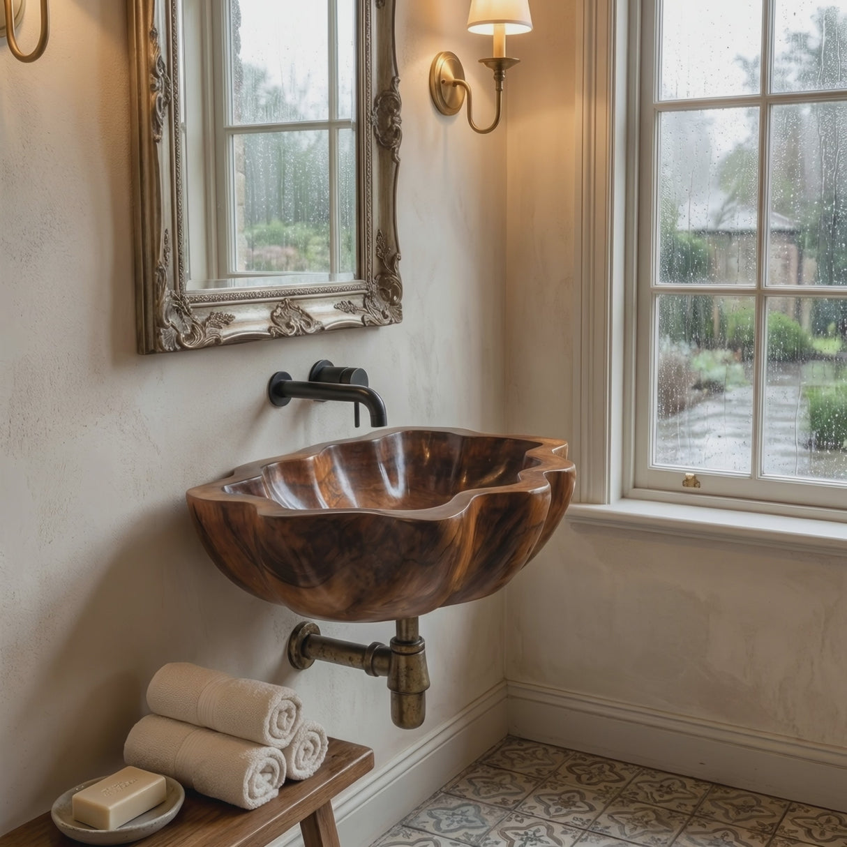 Handcrafted Solid Wood Wash Basin For Artistic Bathroom Interior Decor