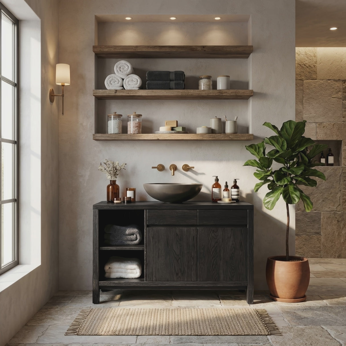 Handcrafted Black Bathroom Vanity With Open Shelves For Bathroom