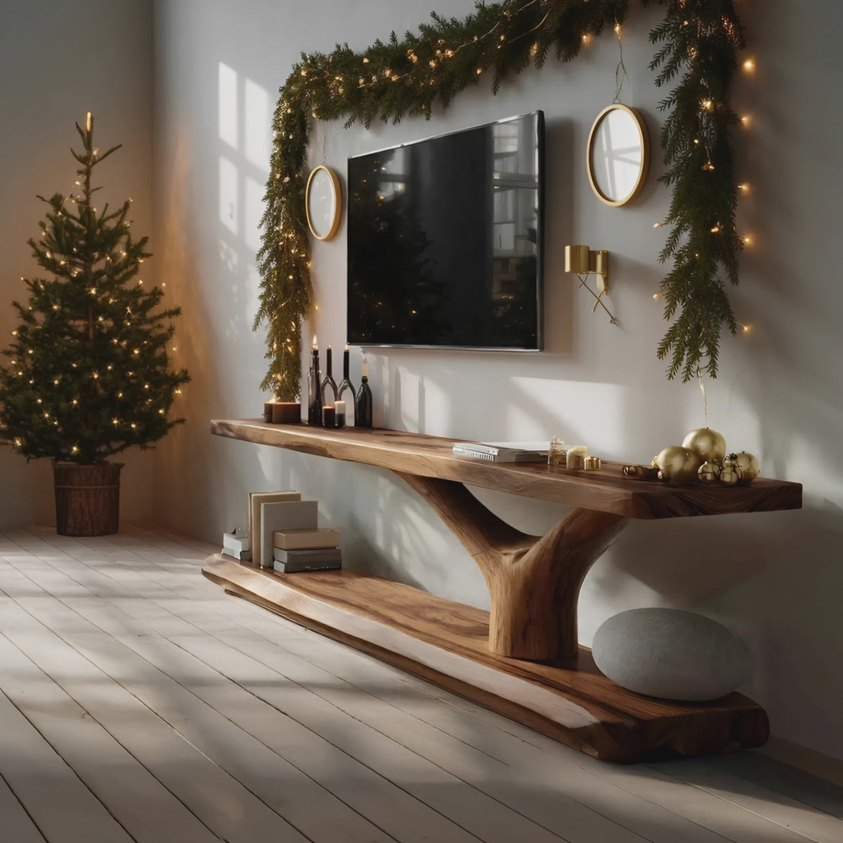 Farmhouse Wooden Live Edge TV Console For Christmas Bedroom Decor