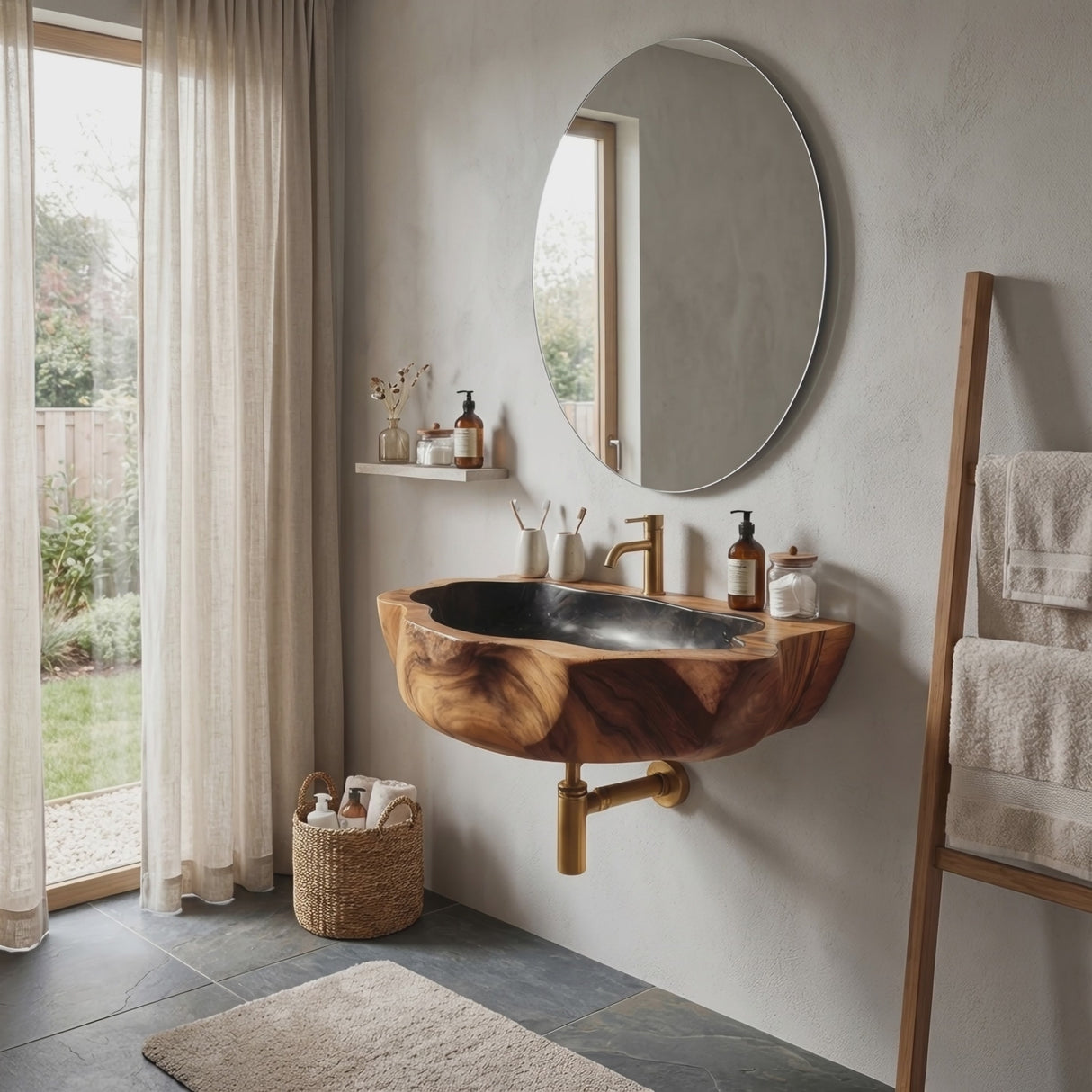 Handcrafted Wall Mounted Wooden Bathroom Sink For Natural Bathroom Decor