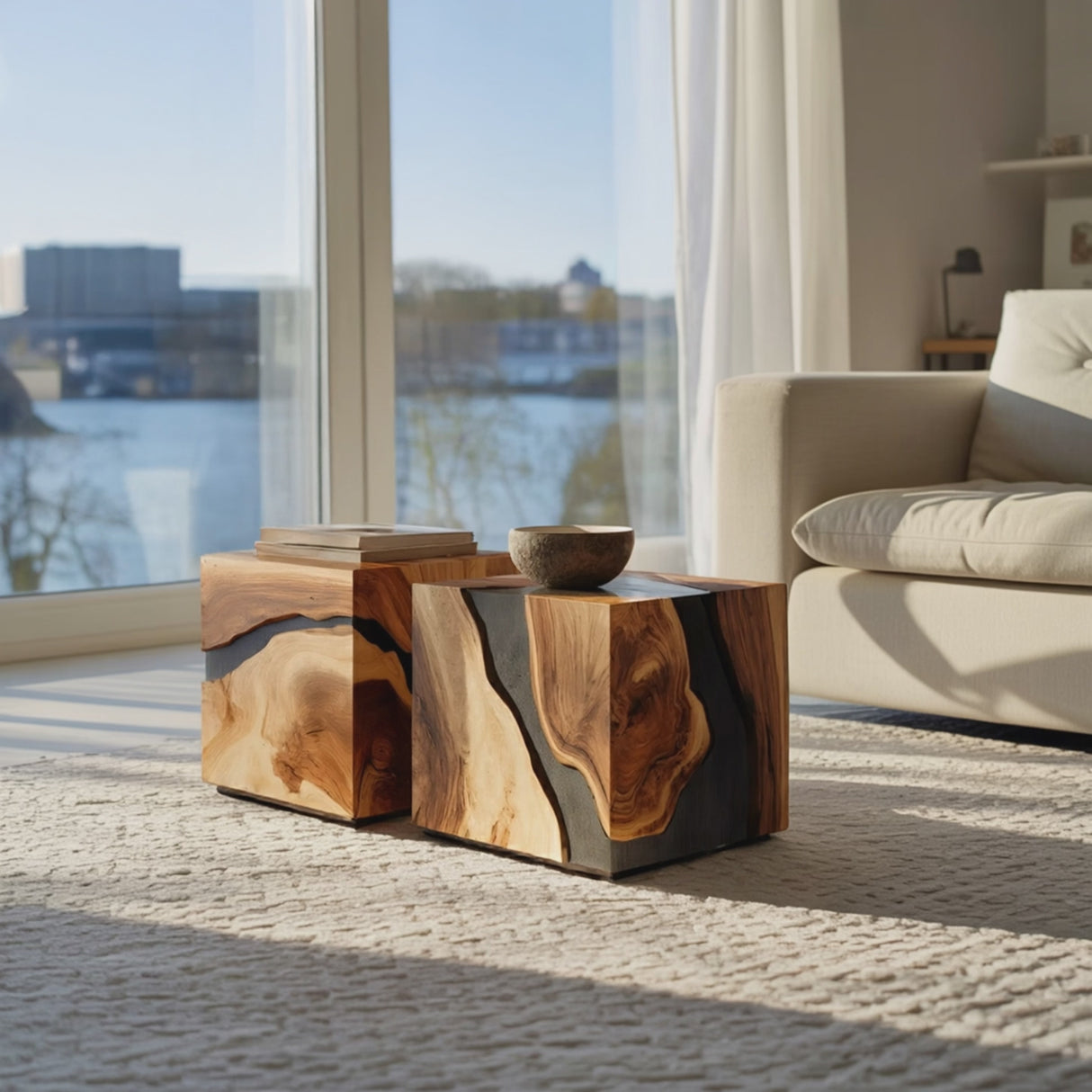 Mid Century Wooden Cube Coffee Table For Entryway Decor