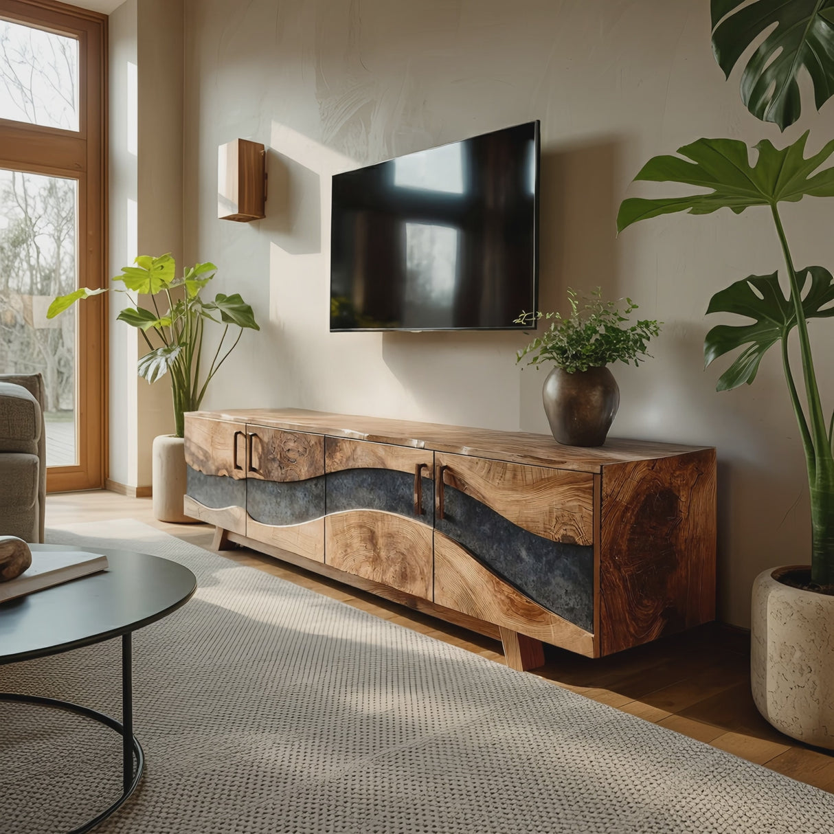 Mid Century Wooden Live Edge TV Stand For Living Room Decor