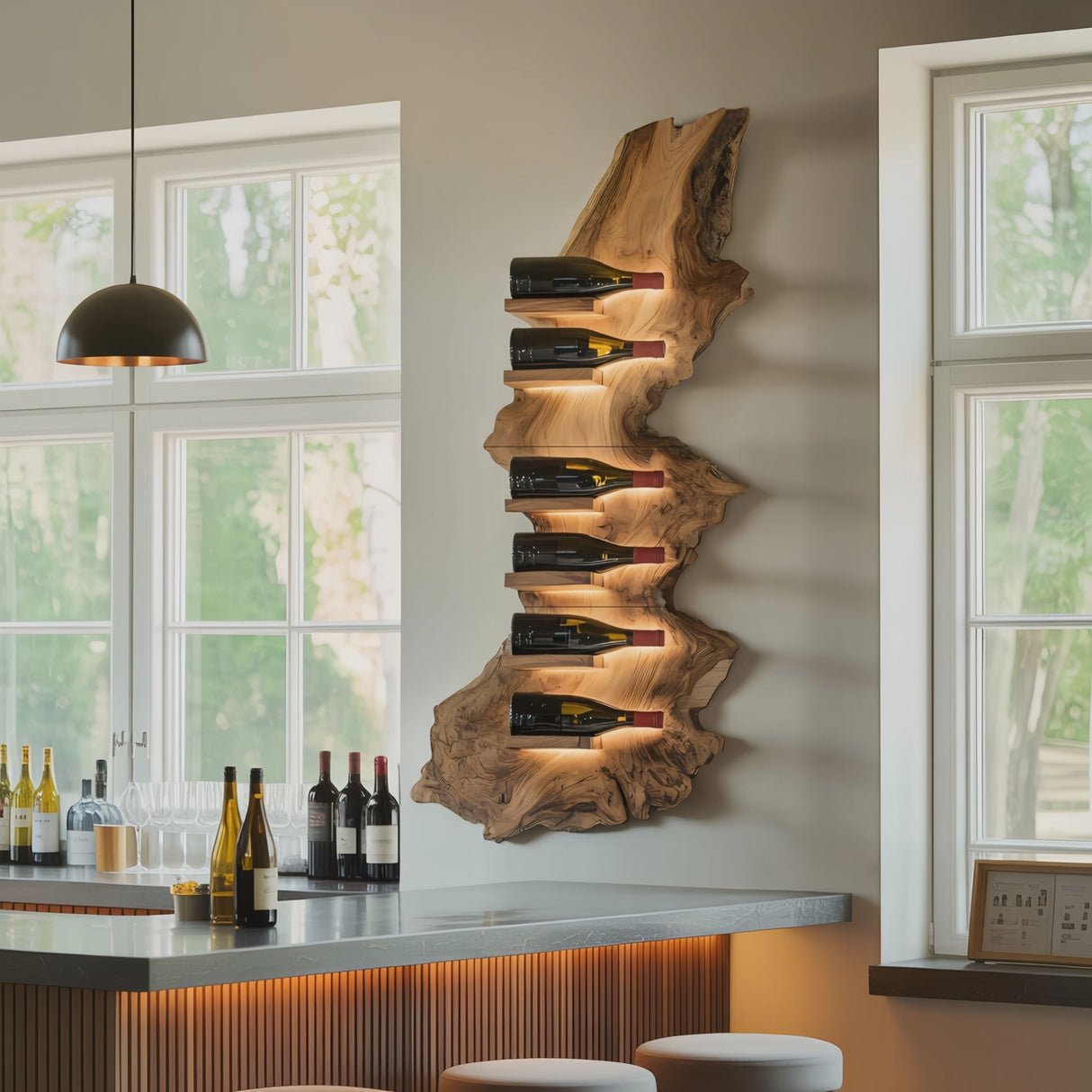 Mid Century Live Edge Wine Holder For Bar Decor Wine Shelf