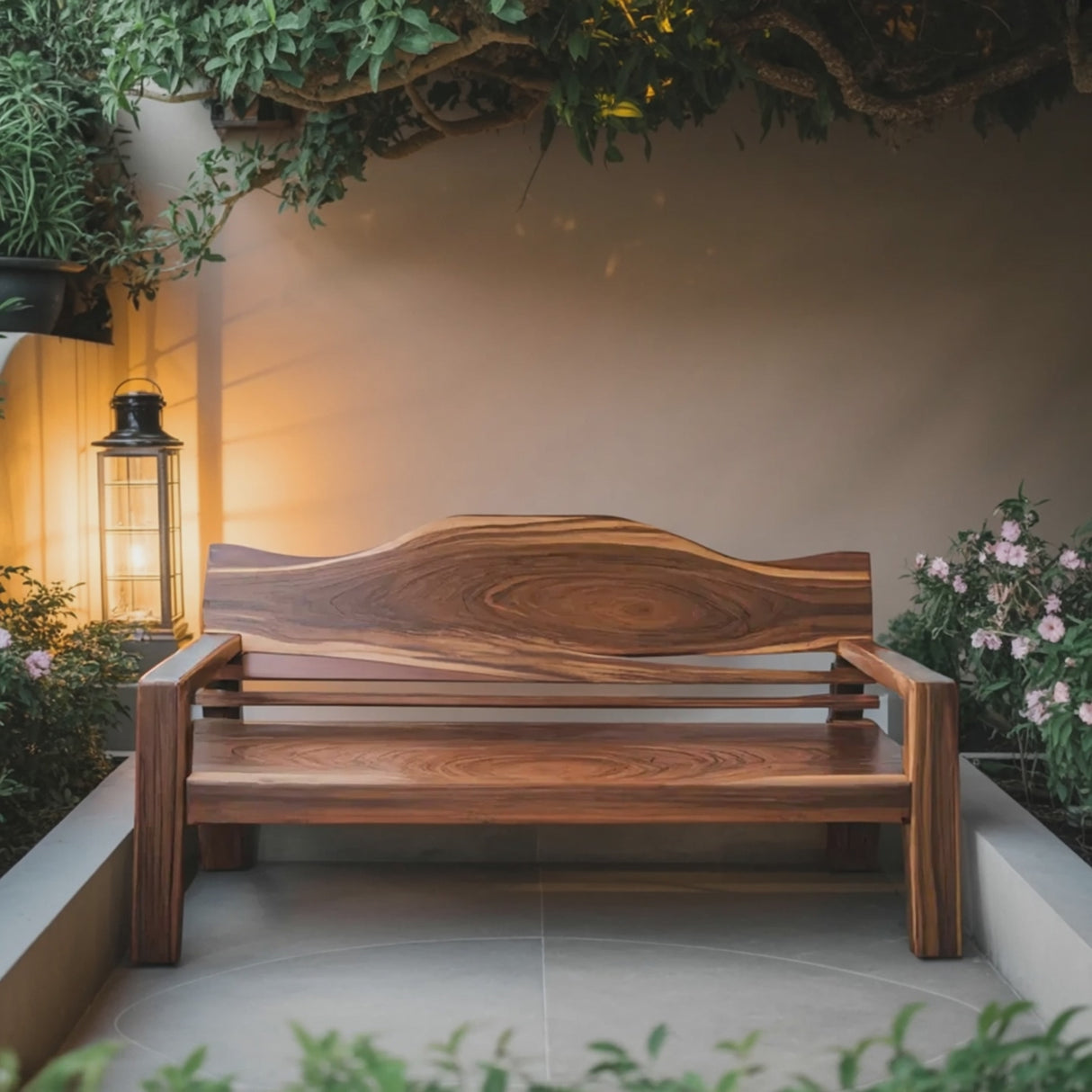 Rustic Outdoor Wooden Bench With Curved Backrest For Garden Or Porch